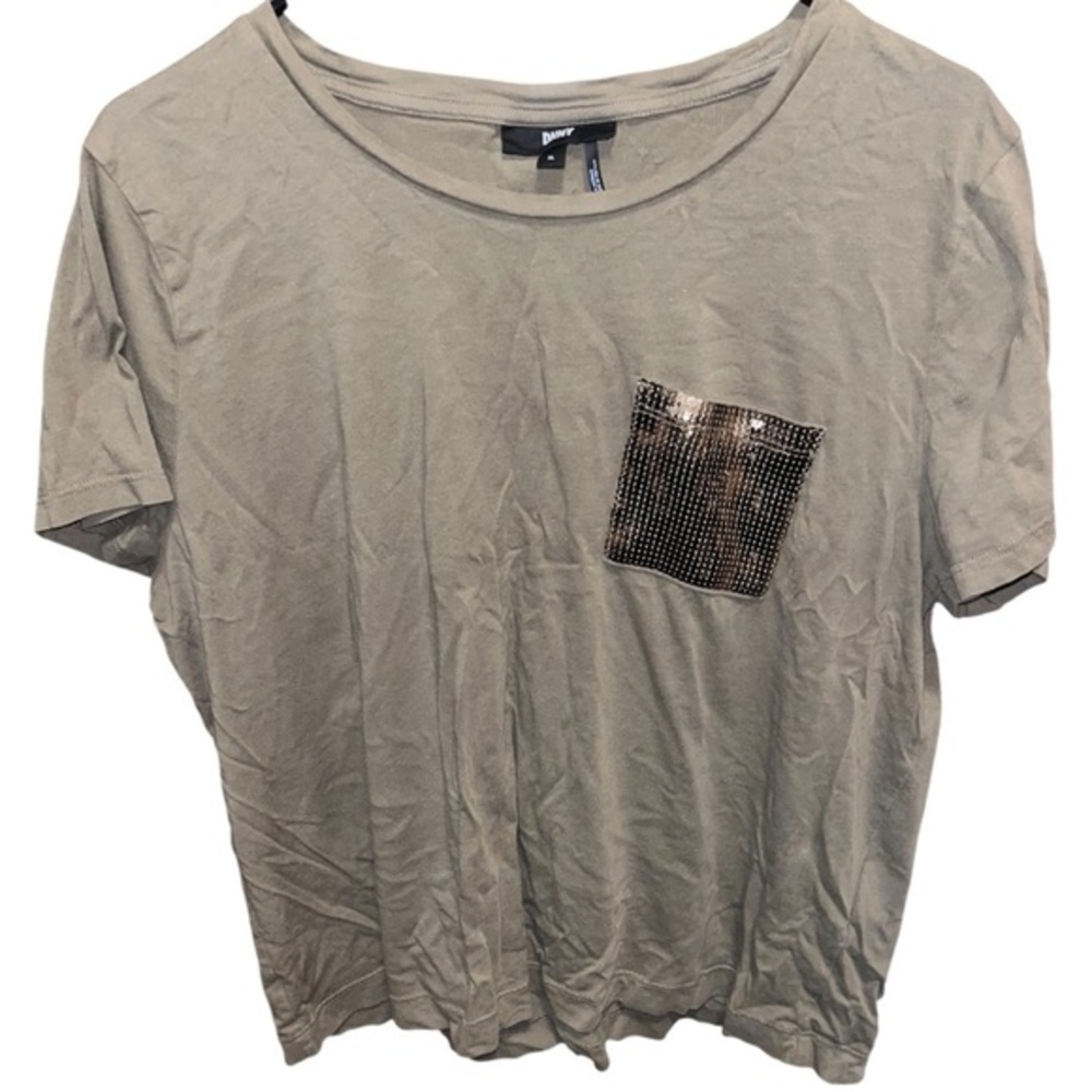 2/$20 🩷 DKNY Women’s Round Neck Sequin Pocket Pullover T Shirt SIZE XL GREEN